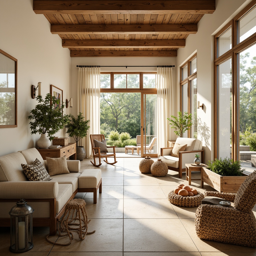 Prompt: Cozy farmhouse interior, rustic wooden beams, creamy white walls, large windows, sliding glass doors, soft natural light, warm beige flooring, vintage metal lanterns, distressed wood furniture, woven wicker baskets, plush throw blankets, greenery-filled planters, earthy color palette, organic textures, shallow depth of field, 1/1 composition, realistic rendering, ambient occlusion.