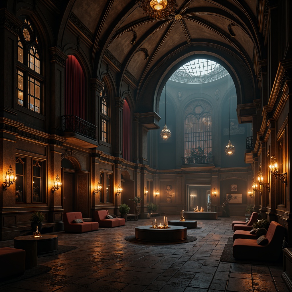 Prompt: Dark, mystical chamber, ornate metal accents, gothic arches, grand chandeliers, mysterious candelabras, luxurious velvet drapes, rich wood paneling, intricate stone carvings, dramatic vaulted ceilings, eerie shadows, warm golden lighting, subtle fog effects, 1/2 composition, cinematic atmosphere, high-contrast rendering.