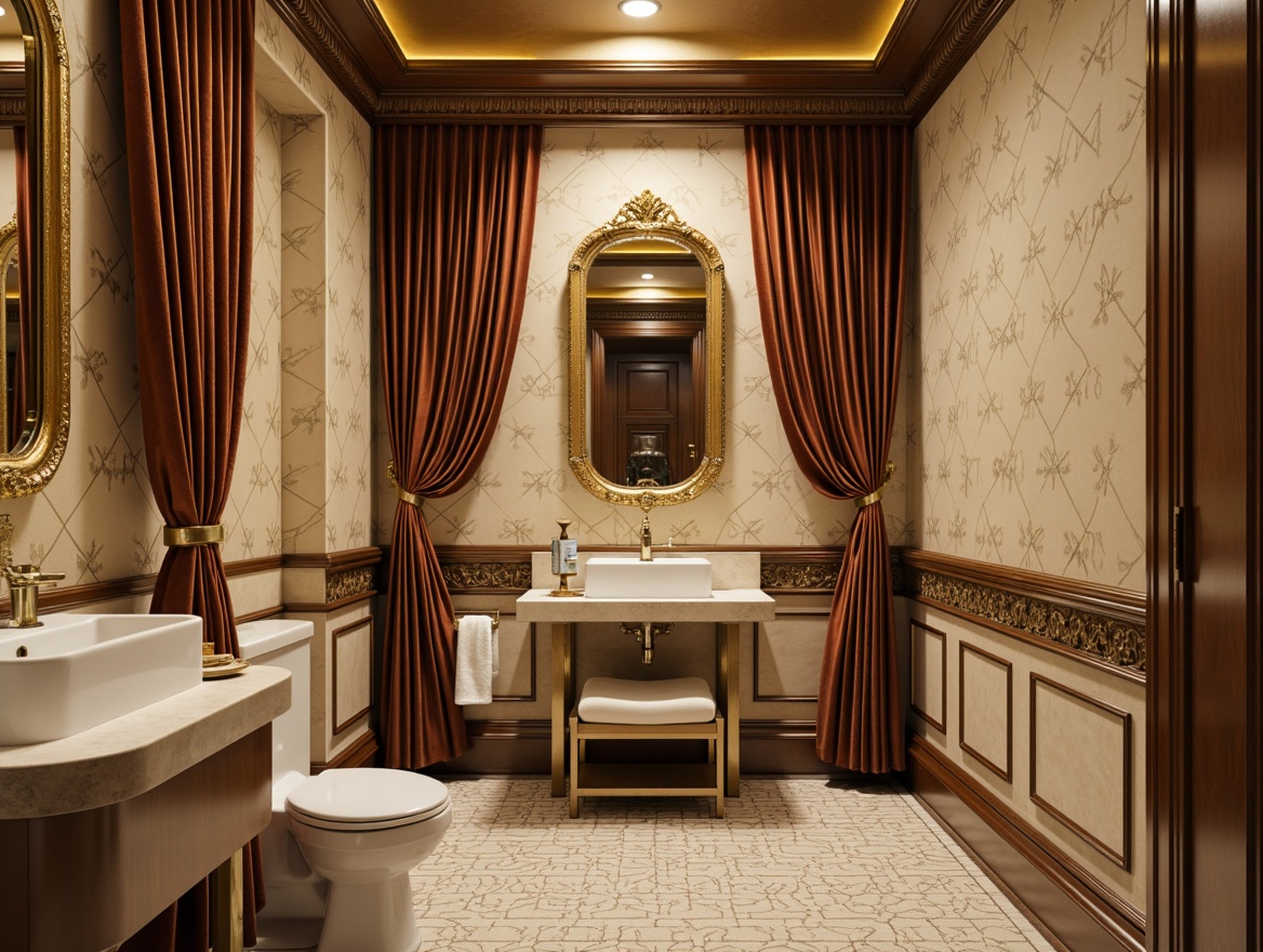 Prompt: Elegant powder room, ornate mirrors, metallic gold accents, luxurious velvet drapes, statement wallpaper, bold geometric patterns, soft creamy textures, subtle sheen finishes, decorative wall panels, intricately carved wooden trim, rich jewel-toned colors, sophisticated ambiance, warm golden lighting, shallow depth of field, 1/1 composition, realistic reflections, ambient occlusion.