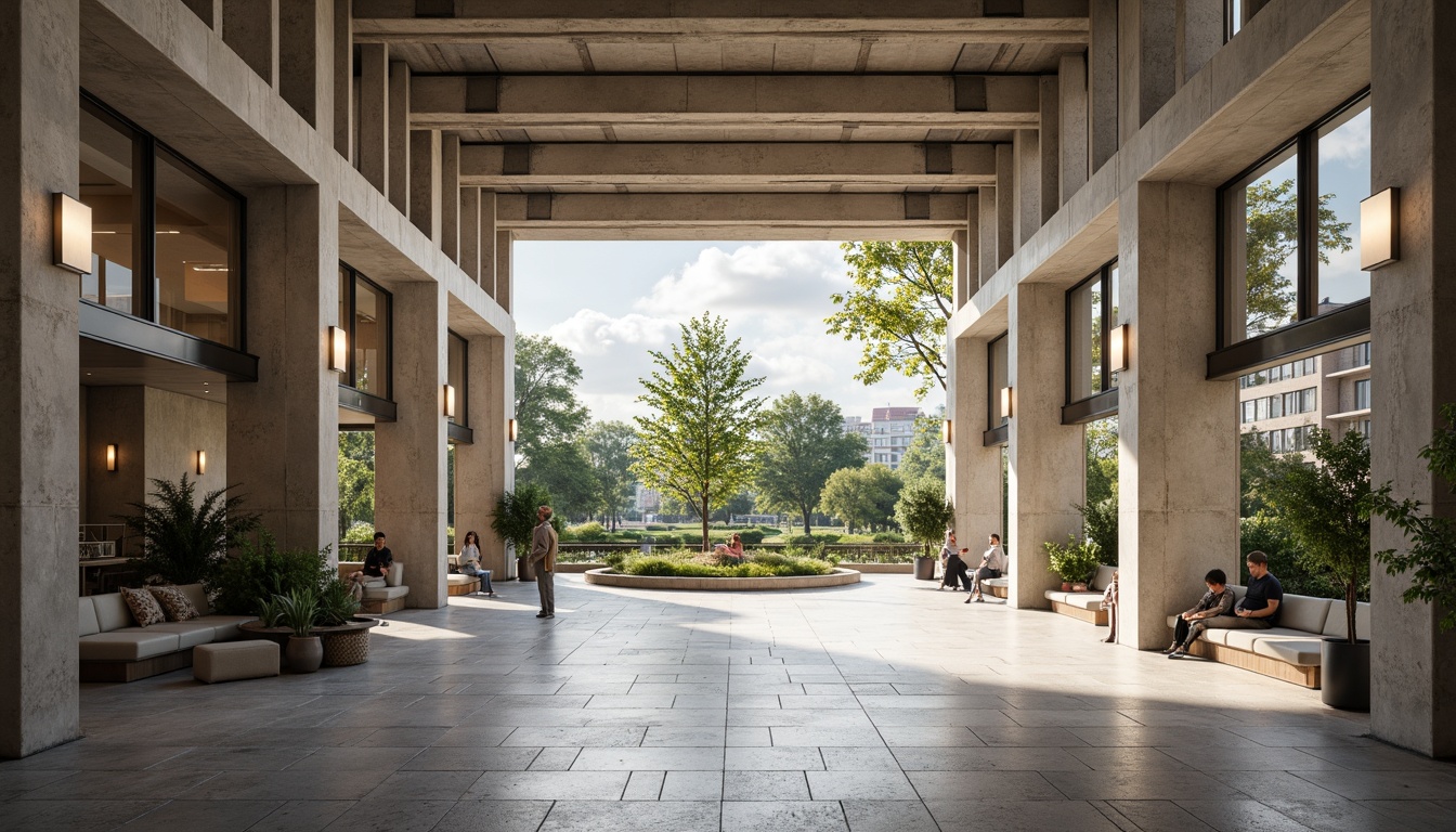 Prompt: Vast open concourse, brutalist architecture, exposed concrete beams, rugged stone walls, minimalist steel columns, industrial-style lighting fixtures, airy high ceilings, geometric patterned flooring, sleek modern seating areas, lush greenery installations, natural light pouring in, warm neutral color palette, 1/1 composition, shallow depth of field, realistic textures, ambient occlusion.Please let me know if this meets your expectations!