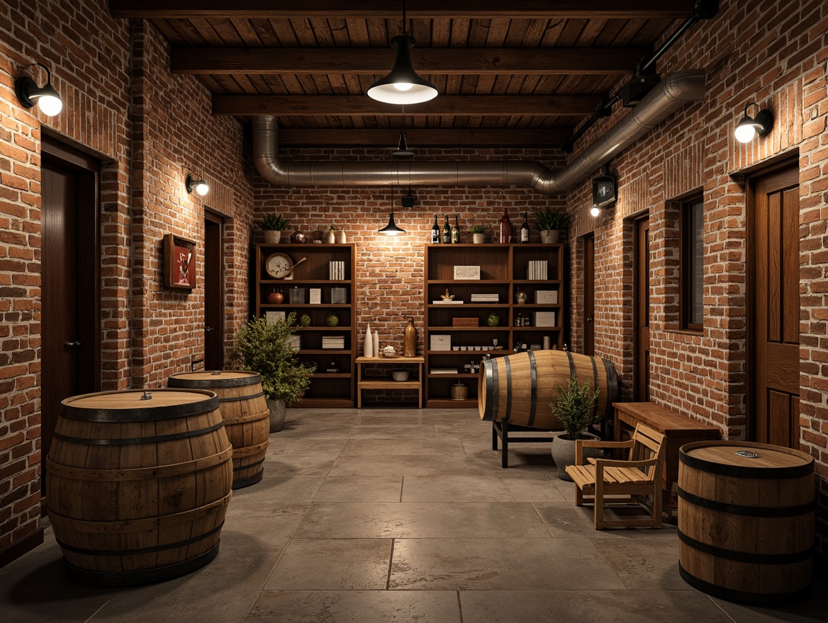 Prompt: Rustic industrial wine cellar, exposed brick walls, metal beams, reclaimed wood shelving, galvanized steel pipes, dimmed pendant lighting, wooden crates, vintage wine barrels, earthy tone color scheme, worn stone floors, ambient softbox lighting, shallow depth of field, 1/1 composition, realistic textures, rustic metal accents.