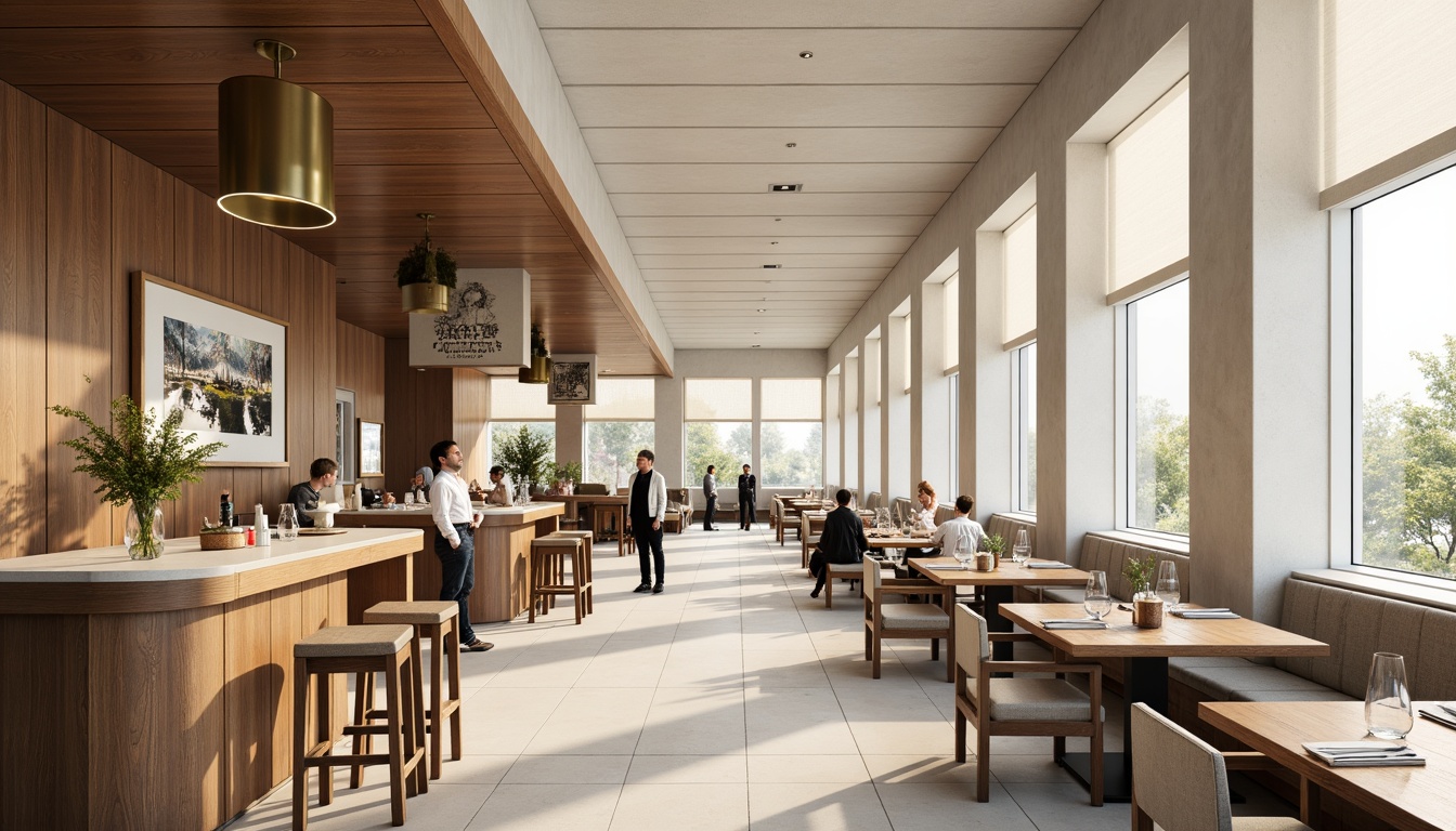 Prompt: Modern dining hall, sleek lines, minimalist decor, neutral color palette, creamy whites, rich woods, metallic accents, bold artwork, statement lighting fixtures, open floor plan, large windows, natural light, airy atmosphere, soft warm glow, 1/2 composition, shallow depth of field, realistic textures, ambient occlusion.