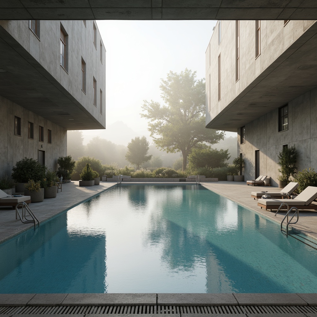 Prompt: Clean-lined swimming pool, geometric shapes, functional design, monochromatic color scheme, concrete walls, steel ladders, minimalist lighting, natural ventilation, open-air architecture, serene atmosphere, early morning mist, soft warm sunlight, shallow depth of field, 1/1 composition, realistic textures, ambient occlusion.