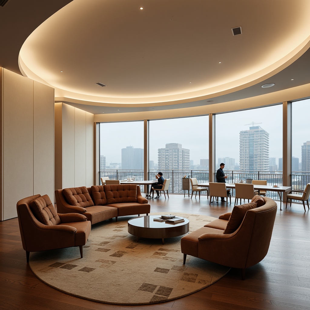 Prompt: Curved streamline moderne interior, sleek low-profile furniture, polished chrome legs, tufted velvet sofas, minimalist coffee tables, geometric patterned rugs, ambient warm lighting, soft cream-colored walls, floor-to-ceiling windows, cityscape views, 1/1 composition, realistic reflections, subtle shading, atmospheric misting.