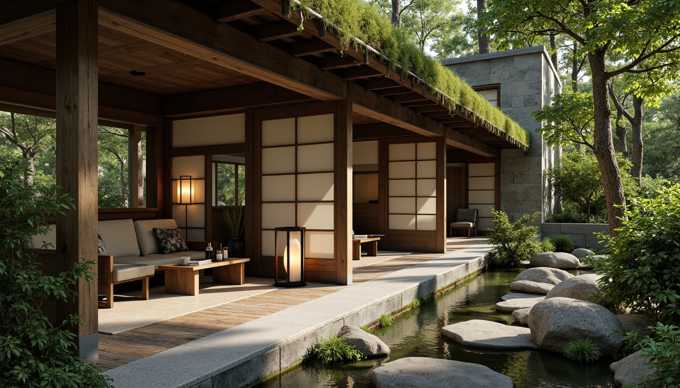 Prompt: Traditional Japanese architecture, serene natural surroundings, moss-covered stone walls, wooden accents, sliding doors, tatami mats, paper lanterns, warm candlelight, earthy tones, muted greens, soft neutrals, creamy whites, weathered wood textures, subtle grain patterns, gentle water features, peaceful ambiance, shallow depth of field, 2/3 composition, natural lighting, soft focus.