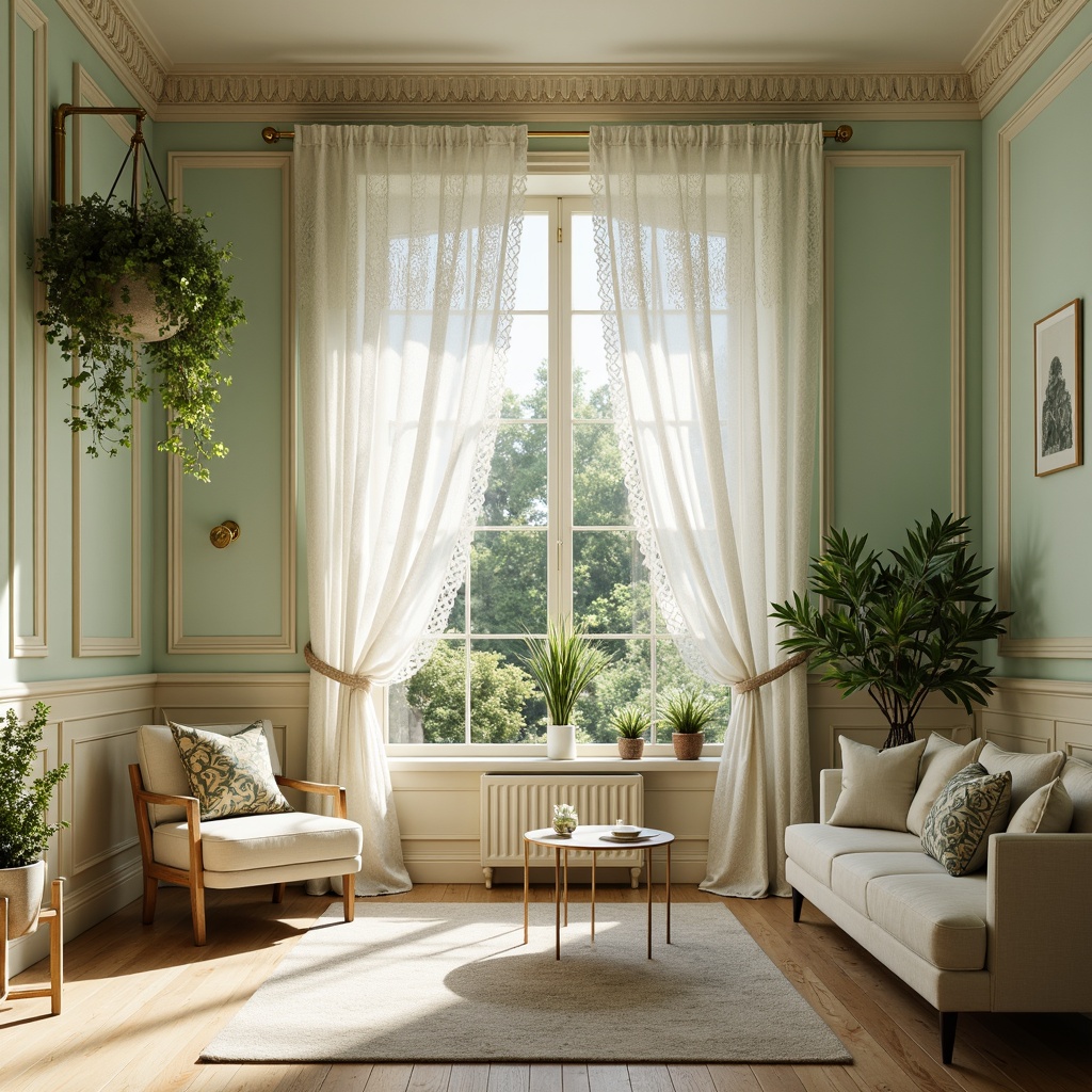 Prompt: Pastel mint walls, soft creamy trim, warm beige floors, elegant gold accents, delicate lace curtains, whimsical floral patterns, natural wood furniture, vintage metal decor, lush greenery, indirect softbox lighting, shallow depth of field, 1/1 composition, romantic ambiance, dreamy atmosphere.