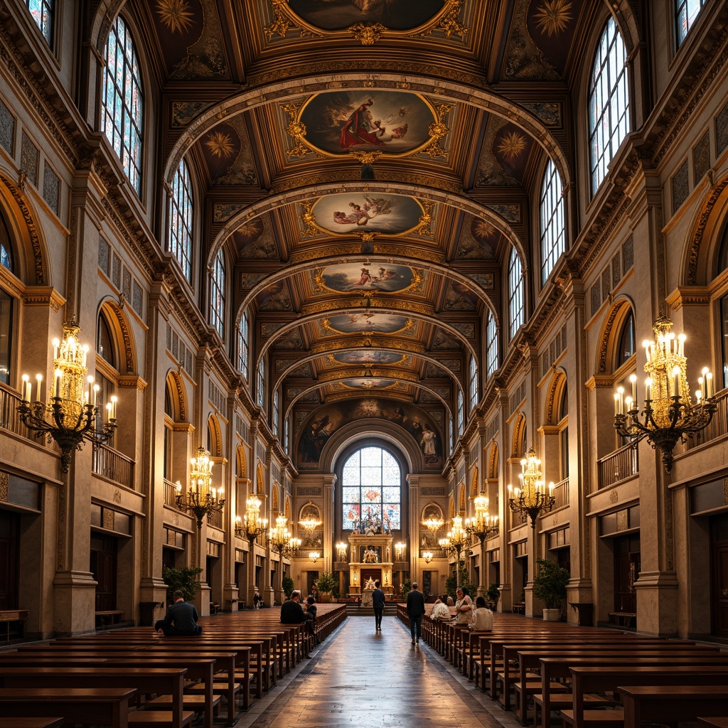 Prompt: Grand Renaissance church interior, vaulted ceilings with ornate ribs, Baroque-inspired frescoes, gilded details, stained glass windows, intricate stone carvings, ornate chandeliers, polished marble floors, elegant archways, dramatic lighting effects, warm golden tones, shallow depth of field, 1/1 composition, symmetrical framing, realistic textures, ambient occlusion.