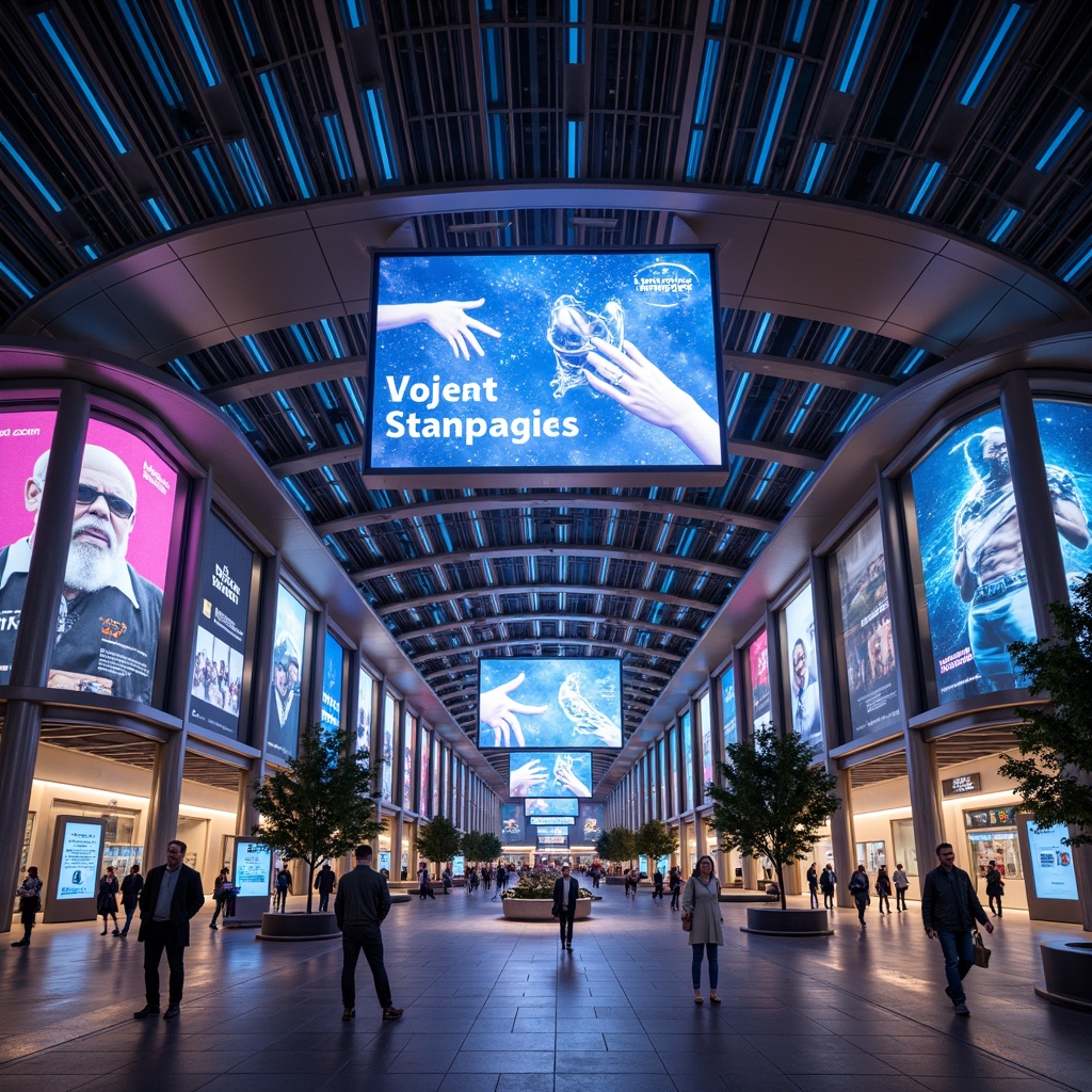 Prompt: Futuristic transportation hub, sleek metallic fa\u00e7ade, neon-lit signage, holographic advertisements, dynamic LED displays, curved glass roofs, minimalist architecture, stainless steel columns, high-tech kiosks, interactive information boards, vibrant color schemes, futuristic font styles, 3D visual effects, atmospheric lighting, shallow depth of field, 2/3 composition, panoramic view, realistic reflections, ambient occlusion.