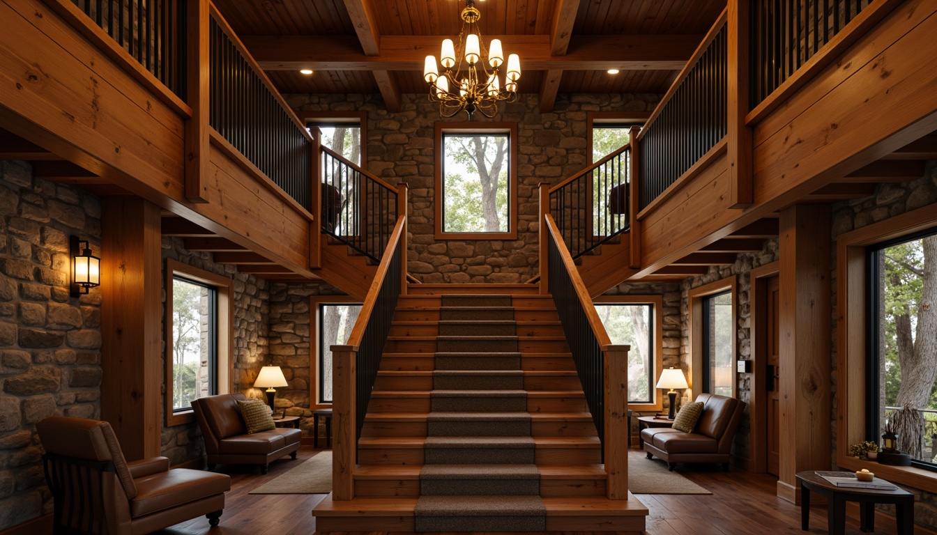 Prompt: Cozy staircase, rustic wooden banisters, warm lighting fixtures, Craftsman-style interior design, earthy color palette, natural stone walls, wooden ceiling beams, comfortable seating areas, soft warm glow, subtle shadows, dramatic vertical lines, rich wood tones, ornate metalwork, vintage-inspired lanterns, ambient warm lighting, 1/1 composition, shallow depth of field, realistic textures, atmospheric rendering.