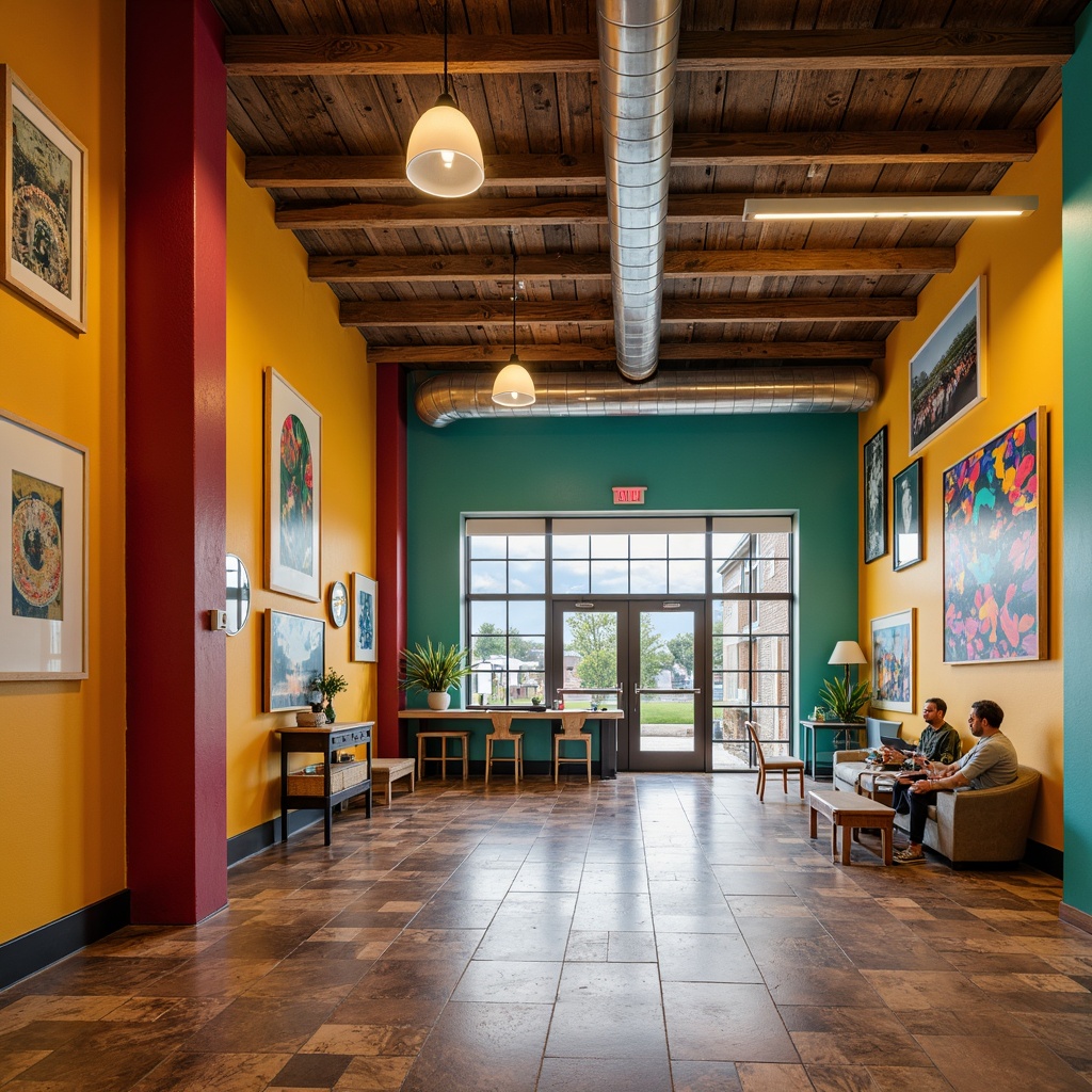 Prompt: Vibrant community center, eclectic design, bold color palette, warm yellow walls, rich turquoise accents, deep crimson columns, natural wood textures, industrial metal beams, exposed ductwork, reclaimed wooden floors, abstract artwork, geometric patterns, cultural murals, lively atmosphere, soft warm lighting, shallow depth of field, 3/4 composition, realistic textures, ambient occlusion.