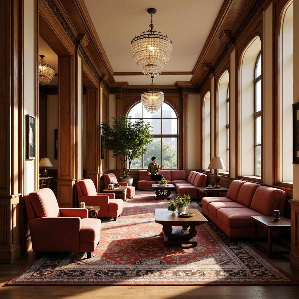 Prompt: Elegant student lounge, rich wood tones, ornate furnishings, plush armchairs, velvet sofas, carved wooden tables, crystal chandeliers, intricately patterned rugs, cream-colored walls, tall ceilings, large windows, soft warm lighting, symmetrical composition, 1/1 aspect ratio, realistic textures, ambient occlusion, classicist architectural details, subtle ornamentation, refined color palette.