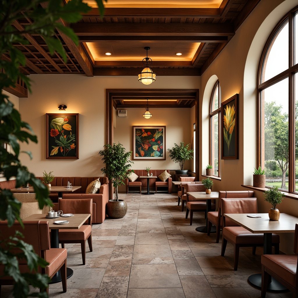 Prompt: Cozy restaurant interior, warm earthy tones, rich wood accents, soft cream walls, comfortable seating areas, lush greenery, natural stone floors, copper lighting fixtures, elegant glass tables, vibrant abstract artwork, calming atmosphere, intimate ambiance, warm golden lighting, shallow depth of field, 1/1 composition, realistic textures, ambient occlusion.