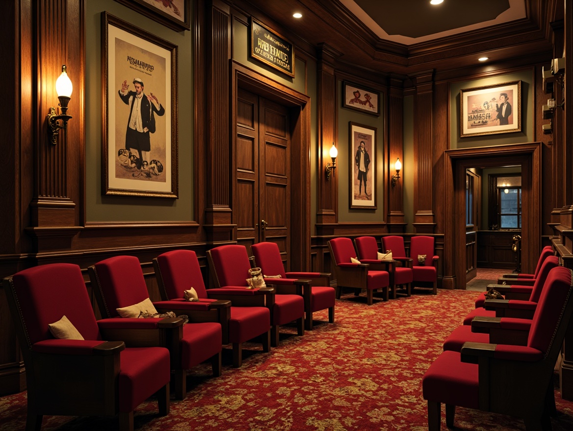 Prompt: Vintage cinema seats, distressed wood accents, velvet drapes, ornate golden frames, plush armchairs, antique spotlights, rich red carpets, faded Hollywood posters, decorative film reels, nostalgic projection booths, rustic wooden tables, metal lanterns, soft warm lighting, shallow depth of field, 3/4 composition, cinematic atmosphere, realistic textures, ambient occlusion.