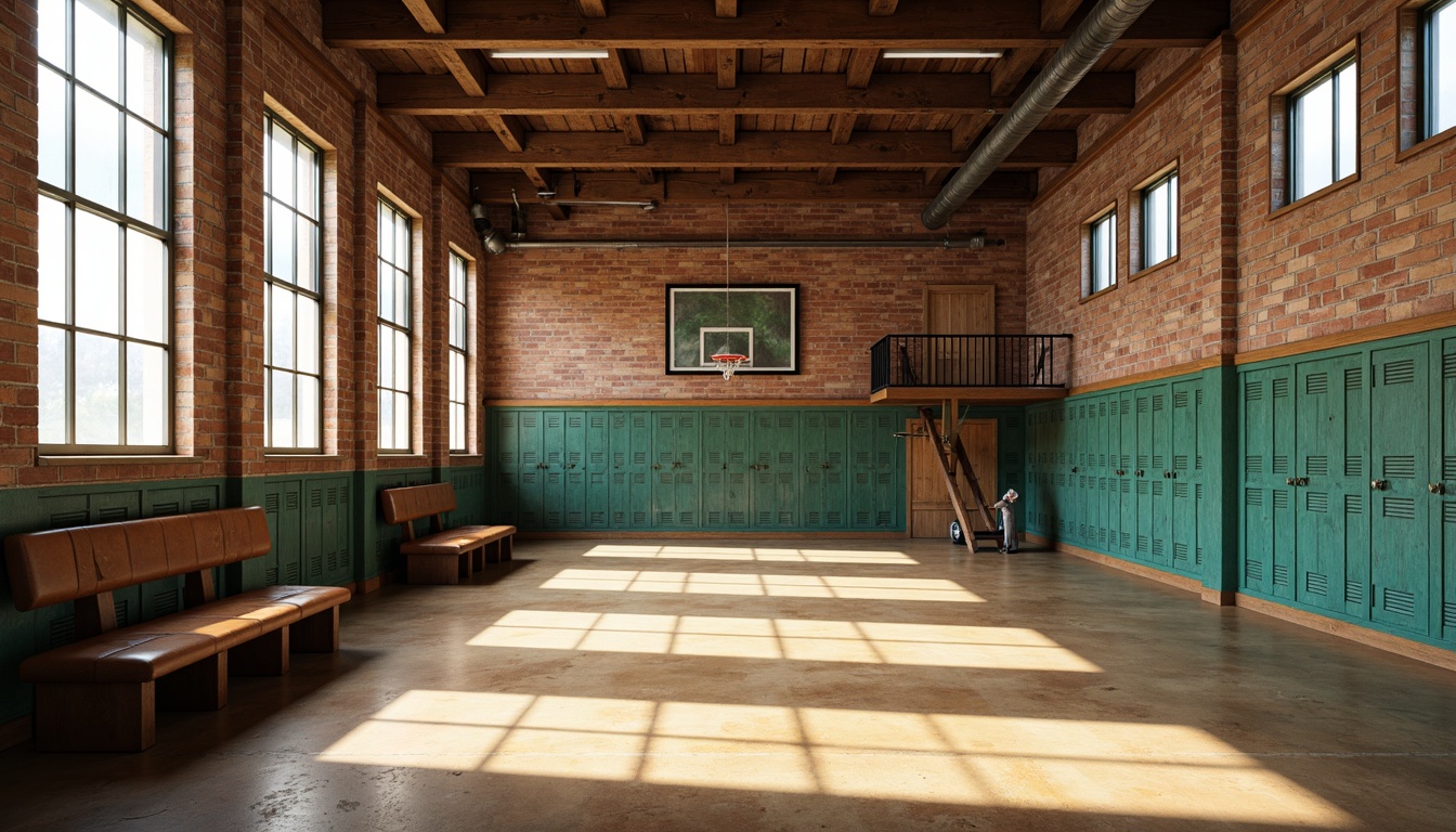 Prompt: Rustic gymnasium, distressed wood accents, exposed brick walls, industrial metal beams, vintage athletic equipment, worn leather benches, earthy tone color scheme, warm beige floors, rich brown woodwork, deep green lockers, pops of bright blue, natural light pouring in, high ceilings, large windows, 3/4 composition, shallow depth of field, realistic textures, ambient occlusion.Please let me know if you need any adjustments!