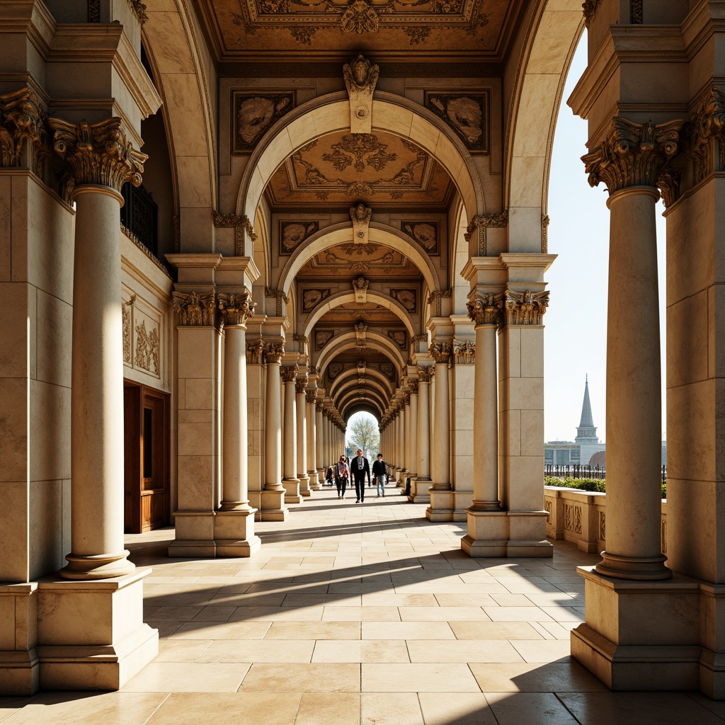 Prompt: Ornate Corinthian columns, carved marble details, grandiose arches, intricate stone carvings, ornamental capitals, classical proportions, Tuscan-inspired bases, ornate gilding, subtle rustication, elegant pilasters, harmonious symmetries, Renaissance Revival style, warm golden lighting, shallow depth of field, 1/2 composition, realistic textures, ambient occlusion.