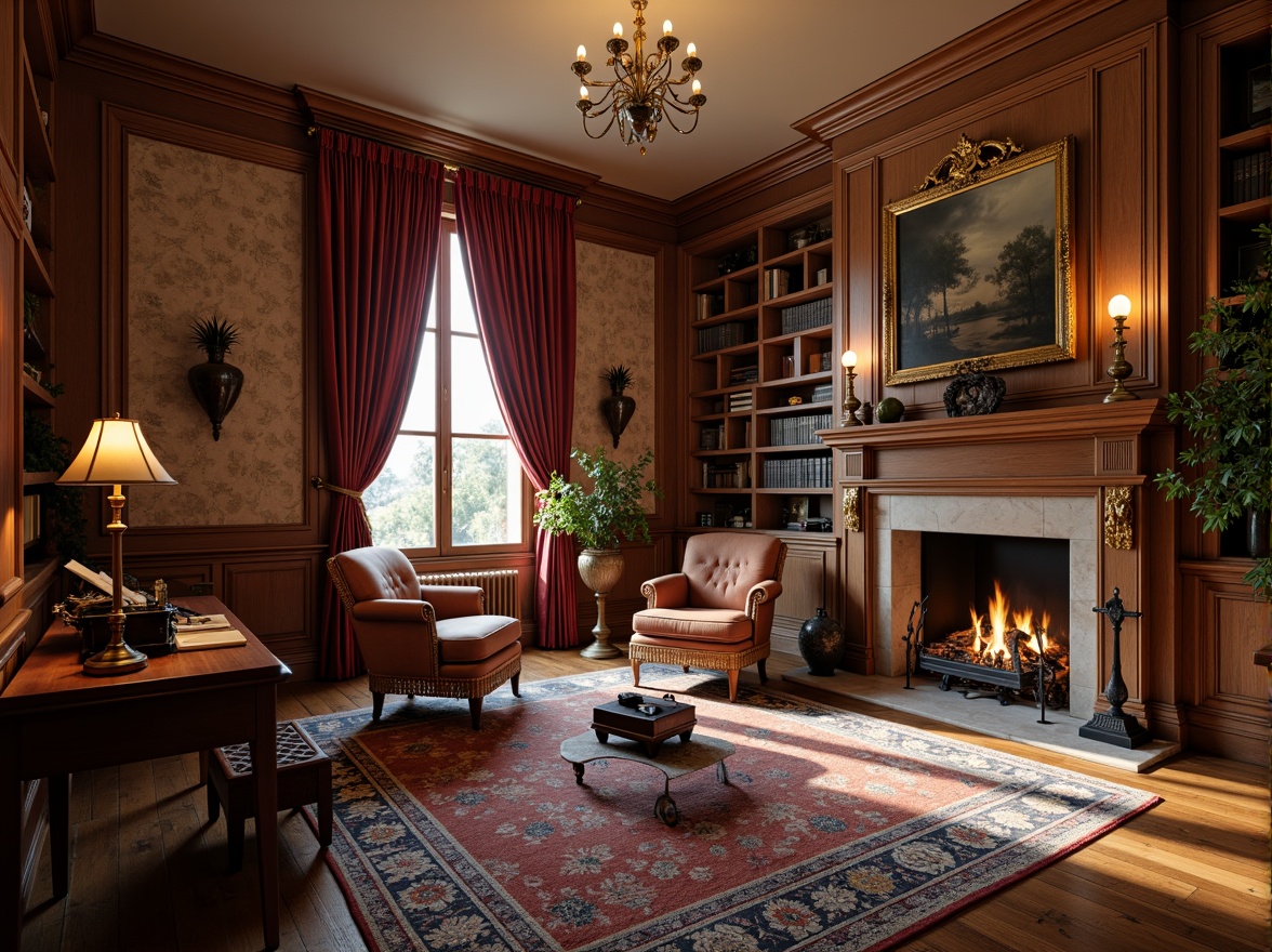 Prompt: Elegant study room, rich wooden furniture, ornate bookshelves, luxurious velvet drapes, antique vases, intricate patterns, subtle gold accents, warm ambient lighting, comfortable plush armchair, vintage typewriter, leather-bound books, soft cream-colored walls, classic architectural details, refined interior design, cozy reading nook, natural stone fireplace, crackling fire sounds, 1/2 composition, shallow depth of field, realistic textures.