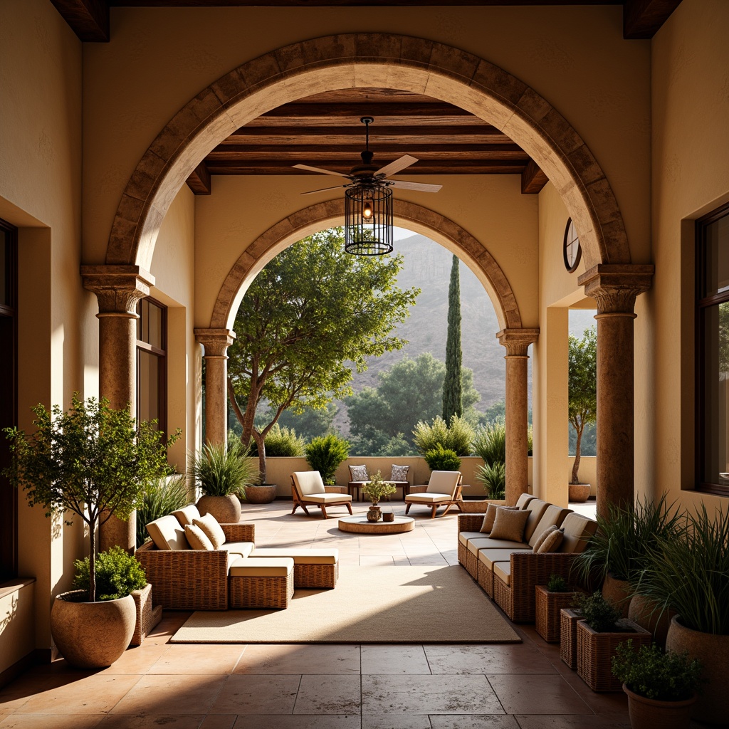 Prompt: Warm Mediterranean archway, rustic stone columns, curved lines, ornate ironwork, distressed wood accents, soft warm lighting, earthy color palette, terracotta flooring, plush furnishings, natural textiles, woven baskets, potted greenery, aromatic herbs, vaulted ceiling, grand chandelier, ambient shadows, 1/2 composition, shallow depth of field, realistic renderings.