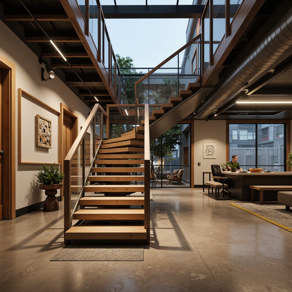 Prompt: Modern staircase, sleek handrails, minimalist design, stainless steel tubing, glass balustrades, wooden accents, LED lighting, futuristic aesthetic, spiral stair configuration, open risers, floating steps, cantilevered landings, industrial chic atmosphere, polished concrete floors, exposed ductwork, urban loft ambiance, soft warm glow, shallow depth of field, 1/2 composition, realistic metallic textures, ambient occlusion.