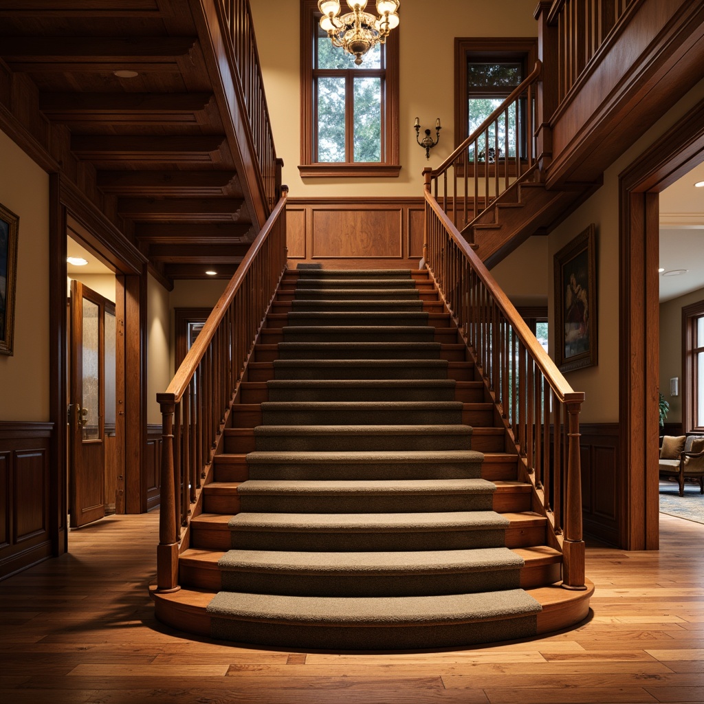 Prompt: Luxurious staircase, rich wood tones, polished oak flooring, ornate metal balusters, carved wooden handrails, plush carpeting, soft warm lighting, shallow depth of field, 3/4 composition, realistic textures, ambient occlusion.