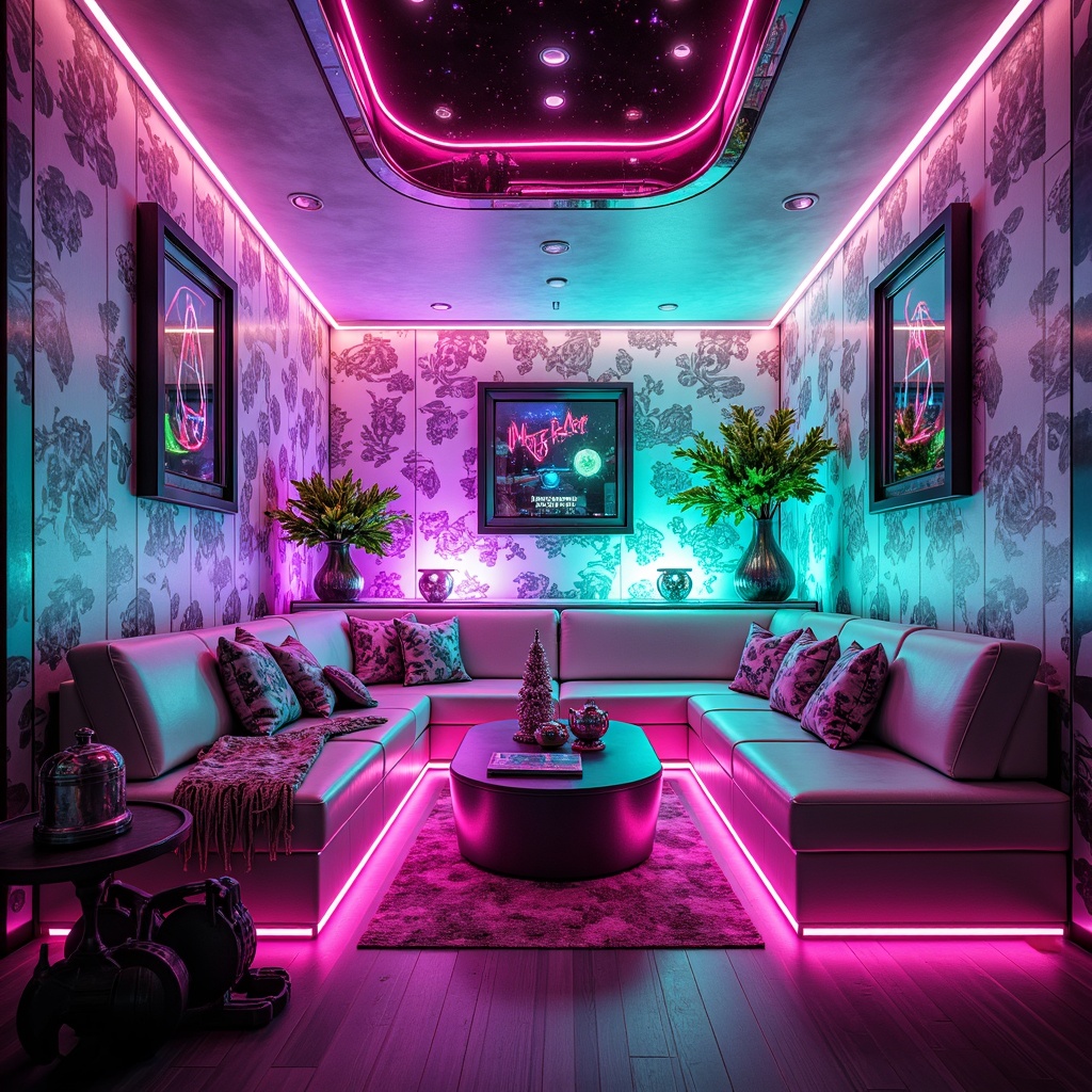 Prompt: Vibrant neon-lit nook, futuristic accent walls, iridescent color shifts, holographic patterns, metallic silver furniture, glowing LED lights, luminescent fabrics, cyberpunk-inspired decor, sleek minimalist lines, avant-garde art pieces, geometric shape motifs, neon pink and green accents, high-tech gadgets, space-age aesthetics, soft ambient glow, shallow depth of field, 1/1 composition, panoramic view.