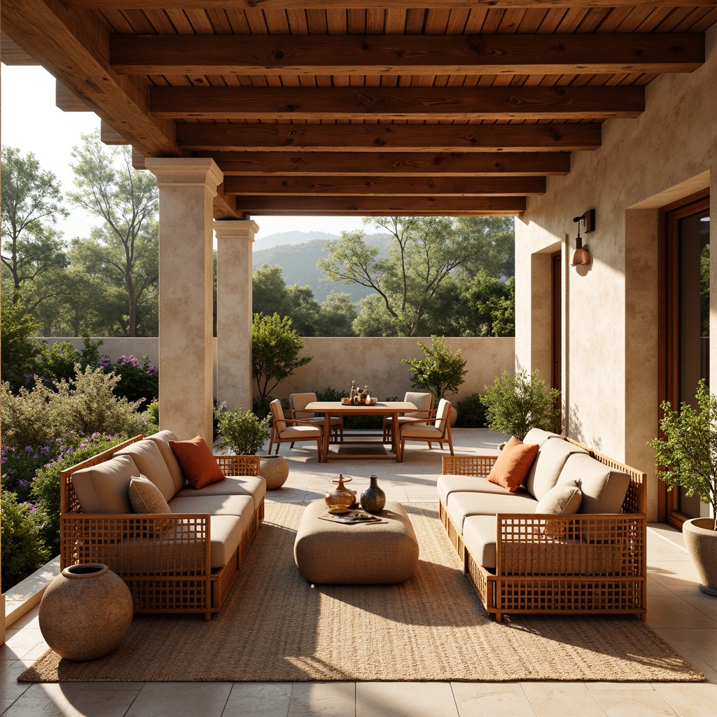 Prompt: Warm Mediterranean villa, terracotta roof tiles, rustic stone walls, distressed wood accents, woven rattan furniture, plush velvet upholstery, intricate ceramic patterns, natural linen fabrics, earthy color palette, warm golden lighting, shallow depth of field, 1/1 composition, realistic textures, ambient occlusion, lush greenery, blooming flowers, sunny day, soft warm breeze.