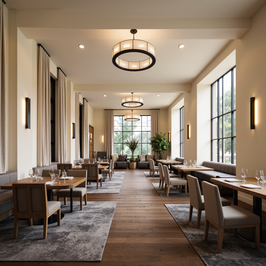 Prompt: Transitional dining hall, elegant chandeliers, cream-colored walls, dark hardwood floors, comfortable upholstered chairs, rectangular wooden tables, subtle patterned rugs, stylish pendant lights, neutral-toned curtains, modern minimalist decor, spacious open layout, warm ambient lighting, 1/1 composition, realistic textures, ambient occlusion.