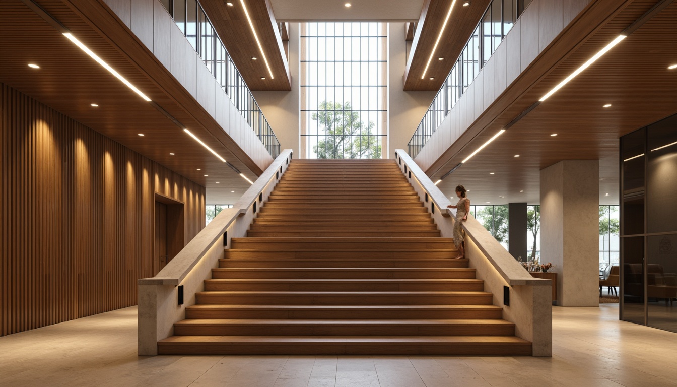 Prompt: Elegant staircase, luxurious handrail, polished wooden steps, suspended ceiling lights, modern pendant lamps, warm white illumination, soft shadows, dramatic LED strips, subtle recessed lighting, sleek metal fixtures, minimalist design, open risers, glass balustrades, floating landings, bright airy atmosphere, natural daylight, indirect ambient lighting, 1/1 composition, realistic reflections, detailed textures.