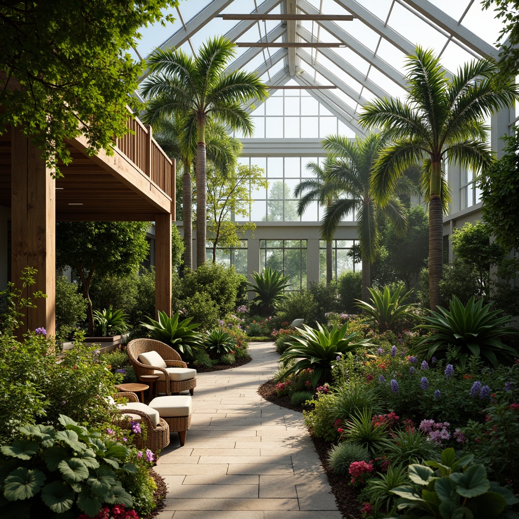 Prompt: Lush tropical greenhouse, exotic plants, vibrant flowers, palm trees, ferns, misting systems, warm humid air, natural stone pathways, wooden accents, rustic trellises, rattan furniture, earthy tone color palette, soft diffused lighting, 1/1 composition, shallow depth of field, realistic plant textures, ambient occlusion, serene atmosphere.