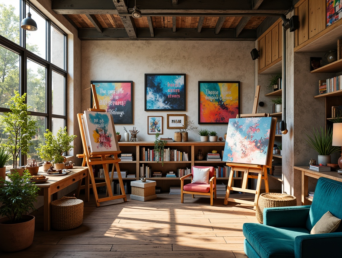 Prompt: Vibrant artistic studio, natural light pouring in, wooden easels, eclectic artwork, colorful paint tubes, brushes scattered, inspirational quotes, textured walls, industrial metal beams, reclaimed wood floors, cozy reading nook, plush velvet sofas, rich turquoise accents, warm golden lighting, shallow depth of field, 1/2 composition, soft focus, pastel color tones, abstract expressionist art.