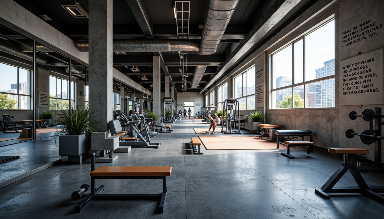 Prompt: Modern gym interior, sleek metal equipment, rubber flooring, mirrored walls, high ceilings, industrial lighting, spacious open layout, functional workout zones, designated free weight area, cardio machine section, strength training machines, yoga mats, adjustable benches, motivational quotes, urban loft atmosphere, natural light pouring in, shallow depth of field, 3/4 composition, realistic textures.