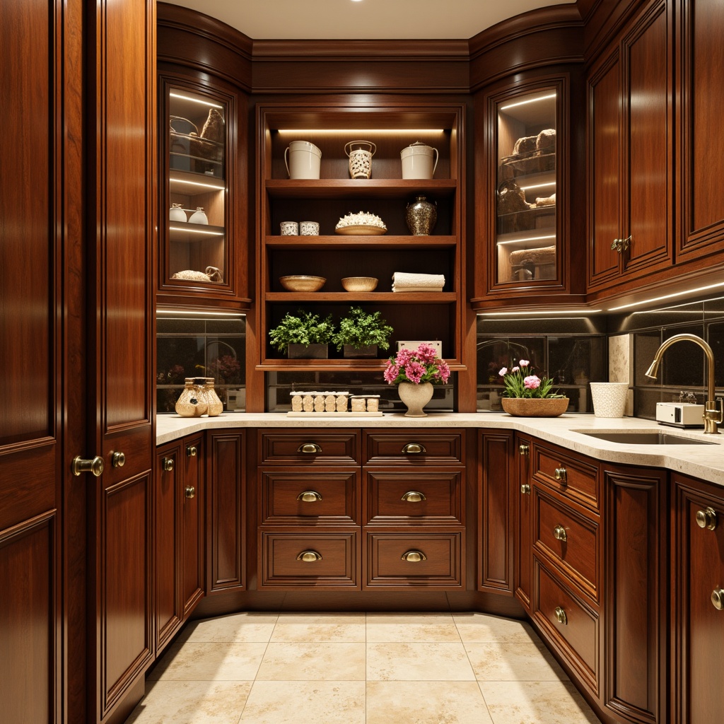 Prompt: Luxurious pantry, Art Deco style cabinetry, ornate metal handles, geometric patterned doors, rich wood tones, high-gloss finishes, bold contrasting colors, metallic accents, intricate inlays, curved lines, opulent hardware, sophisticated storage solutions, ambient lighting, warm beige background, 1/1 composition, realistic reflections, subtle textures.