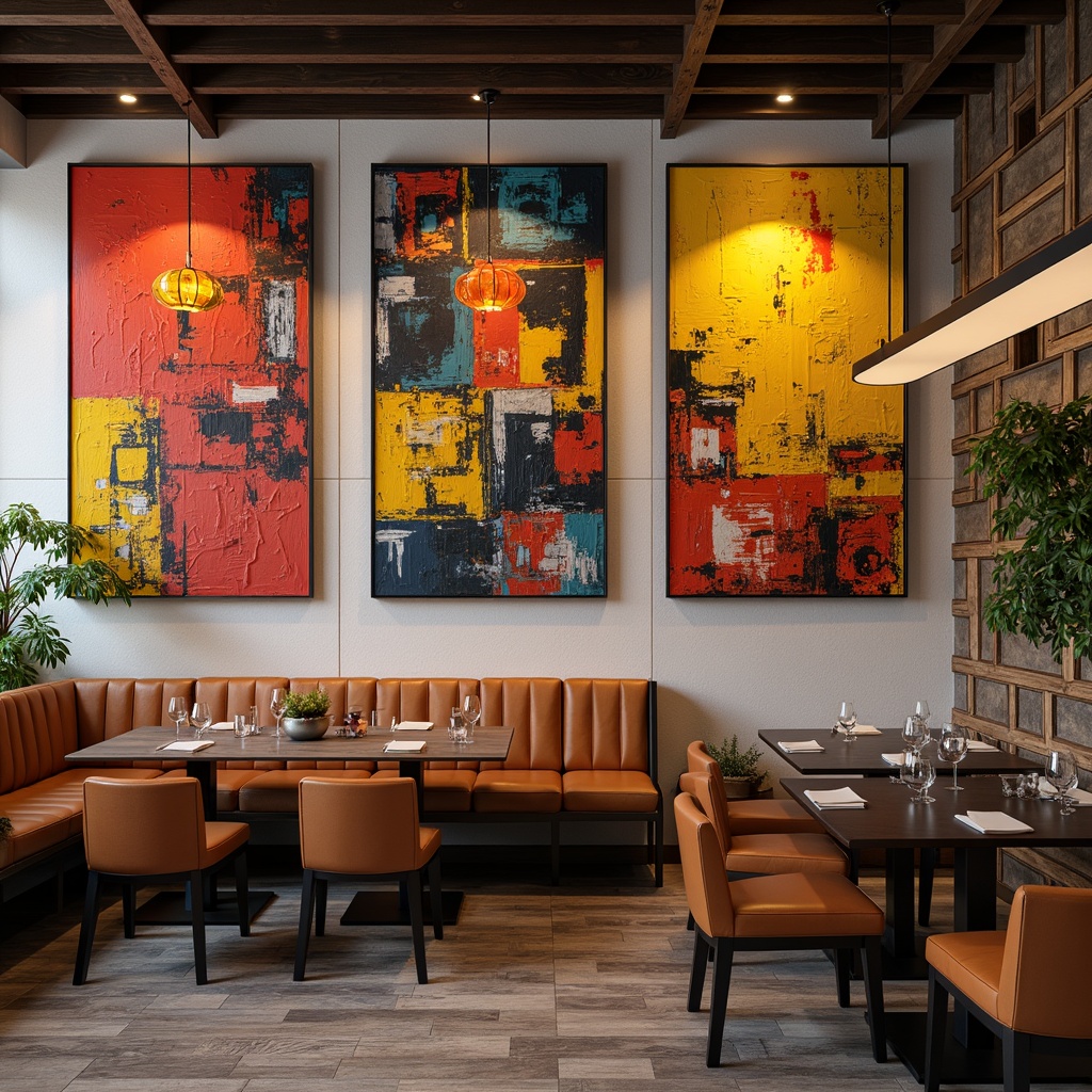 Prompt: Vibrant dining room, eclectic wall art, abstract paintings, bold brushstrokes, bright color palette, textured canvases, metallic frames, modern minimalist furniture, sleek wooden tables, upholstered chairs, pendant lighting, warm ambiance, cozy atmosphere, natural stone walls, rustic wood accents, earthy tones, organic shapes, geometric patterns, 1/1 composition, dramatic shadows, soft diffused lighting.