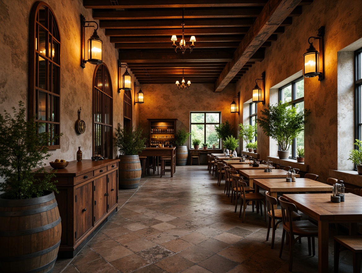 Prompt: Rustic winery, eclectic decor, vintage lighting fixtures, metal lanterns, wooden chandeliers, industrial pendant lights, reclaimed wood accents, distressed brick walls, earthy tones, warm candlelight, cozy atmosphere, natural stone floors, wine barrels, grapevine patterns, lush greenery, soft warm lighting, shallow depth of field, 3/4 composition, realistic textures.