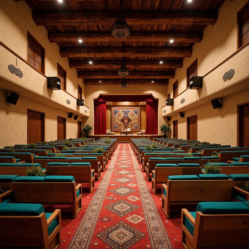 Prompt: Southwestern style auditorium, tiered seating, rustic wooden benches, vibrant turquoise accents, earthy red carpeting, geometric patterned rugs, adobe-inspired architecture, natural stone walls, warm beige tones, intimate performance space, spotlit stage, dramatic ceiling heights, ornate metalwork details, bold colorful textiles, ambient lighting design, shallow depth of field, 2/3 composition, realistic textures, cinematic atmosphere.