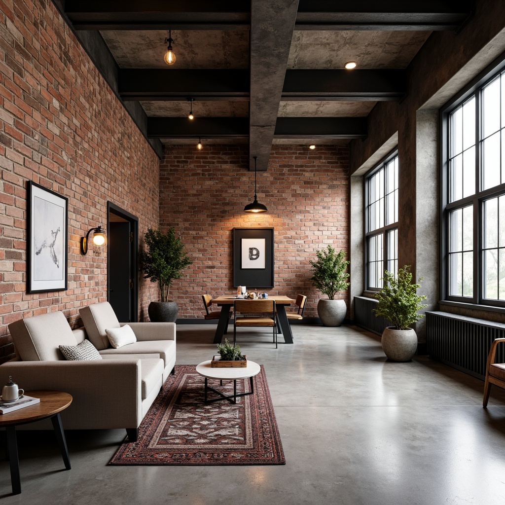 Prompt: Exposed brick walls, industrial chic atmosphere, polished concrete floors, metal beams, reclaimed wood accents, distressed finishes, urban loft setting, modern minimalist decor, sleek lines, functional spaces, high ceilings, natural light pouring in, rustic wooden crates, vintage factory equipment, Edison bulb lighting, neutral color palette, matte black metal frames, industrial-grade materials, poured resin flooring, metallic epoxy coatings, textured stone tiles, geometric patterned rugs, abstract art pieces, eclectic furniture mix.