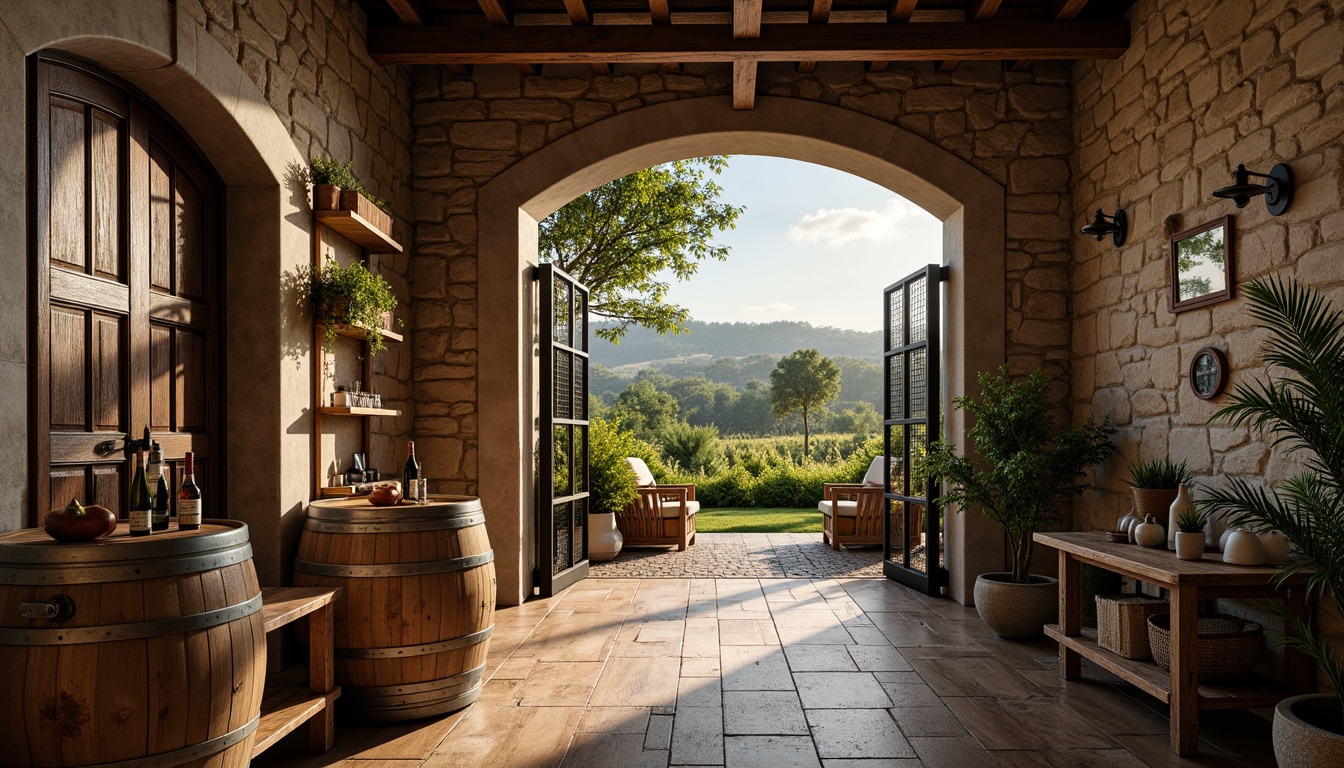 Prompt: Rustic winery, textured stone walls, earthy tones, wooden accents, eclectic decor, vintage wine barrels, dim warm lighting, rich wood floors, distressed metal doors, ornate ironwork, lush greenery, fragrant vineyards, sunny afternoon, soft natural light, shallow depth of field, 1/2 composition, realistic textures, ambient occlusion.