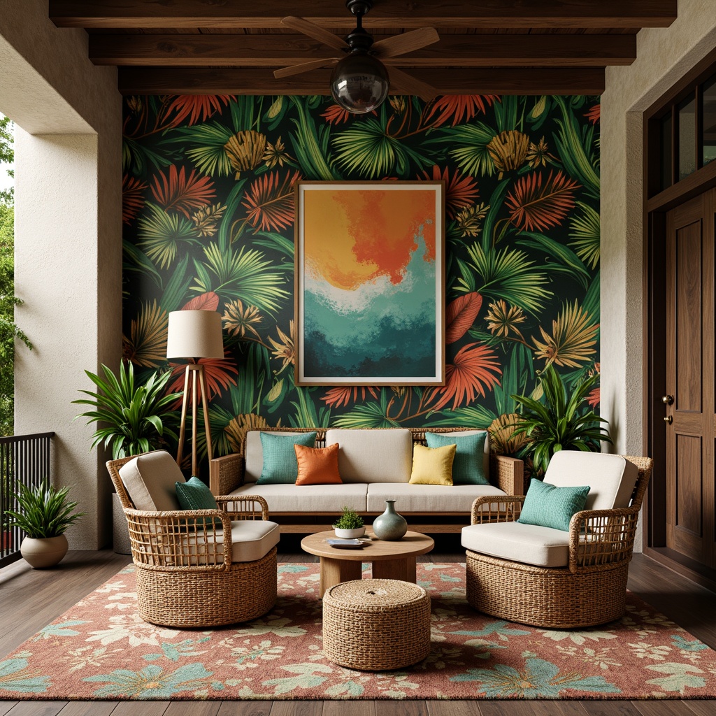 Prompt: Vibrant tropical leaf patterns, exotic wood textures, bold bright colors, statement wallpaper designs, eclectic global-inspired accents, woven rattan furniture, lush greenery, natural stone feature walls, reclaimed wood planks, abstract art pieces, dramatic floor lamps, warm soft lighting, shallow depth of field, 1/2 composition, cinematic view, realistic materials, ambient occlusion.