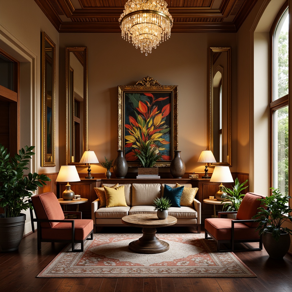 Prompt: Cozy living room, plush throw pillows, velvet armchairs, rich wood paneling, ornate mirrors, crystal chandeliers, soft warm lighting, golden accents, luxurious fabrics, vibrant artwork, eclectic decorative vases, elegant floor lamps, rustic wooden coffee tables, Moroccan-inspired tiles, lush green plants, warm beige walls, inviting atmosphere, 1/1 composition, shallow depth of field, realistic textures.