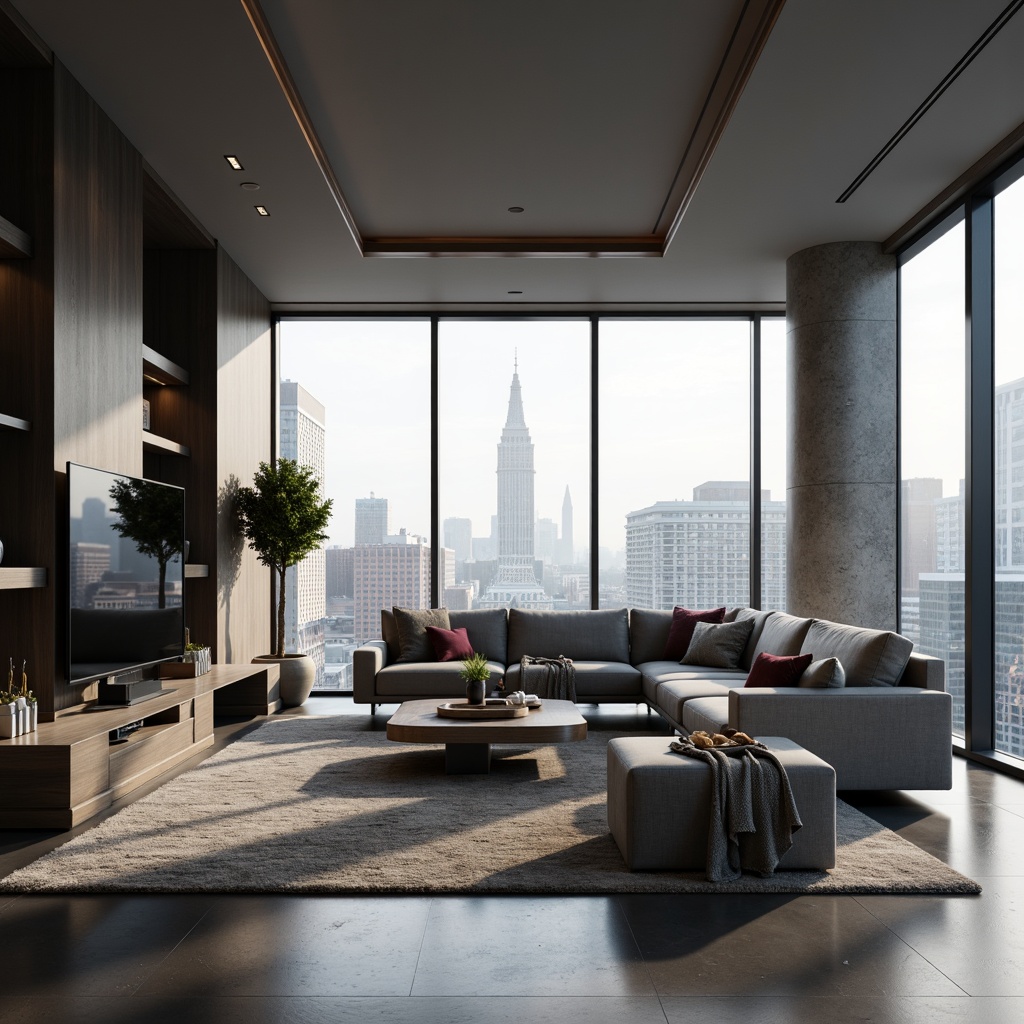 Prompt: Streamlined modern interior, sleek low-profile furniture, minimalist decor, monochromatic color scheme, luxurious fabrics, metallic accents, floor-to-ceiling windows, natural light pouring in, urban cityscape views, sophisticated ambiance, subtle textures, refined lines, geometric patterns, ambient lighting, 1/1 composition, shallow depth of field, realistic reflections.