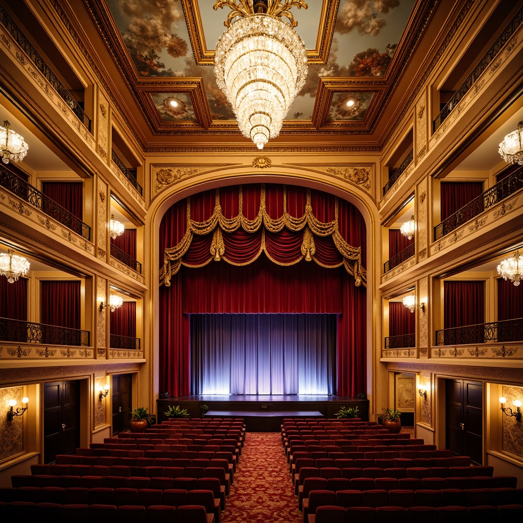 Prompt: Opulent theater, ornate gold detailing, lavish velvet curtains, intricate geometric patterns, luxurious crystal chandeliers, grandiose stage, majestic proscenium arch, richly textured carpeting, decorative bronze railings, stylized floral motifs, glamorous red upholstery, dramatic spotlighting, soft warm ambiance, shallow depth of field, 1/2 composition, cinematic lighting, highly ornate moldings, lavish frescoes, elaborate ceiling designs, majestic domed roof, vibrant colorful murals.