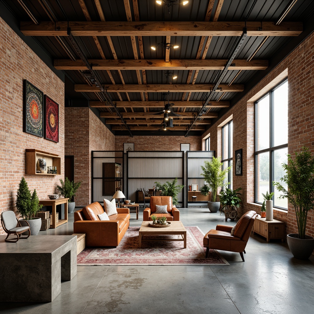 Prompt: Reclaimed wood accents, industrial metal beams, polished concrete floors, exposed brick walls, modern minimalist aesthetic, natural light pouring in, eclectic decorative objects, vibrant textile artworks, repurposed machinery parts, distressed leather upholstery, metallic mesh partitions, warm ambient lighting, shallow depth of field, 1/1 composition, realistic textures, subtle color palette, cozy intimate atmosphere.