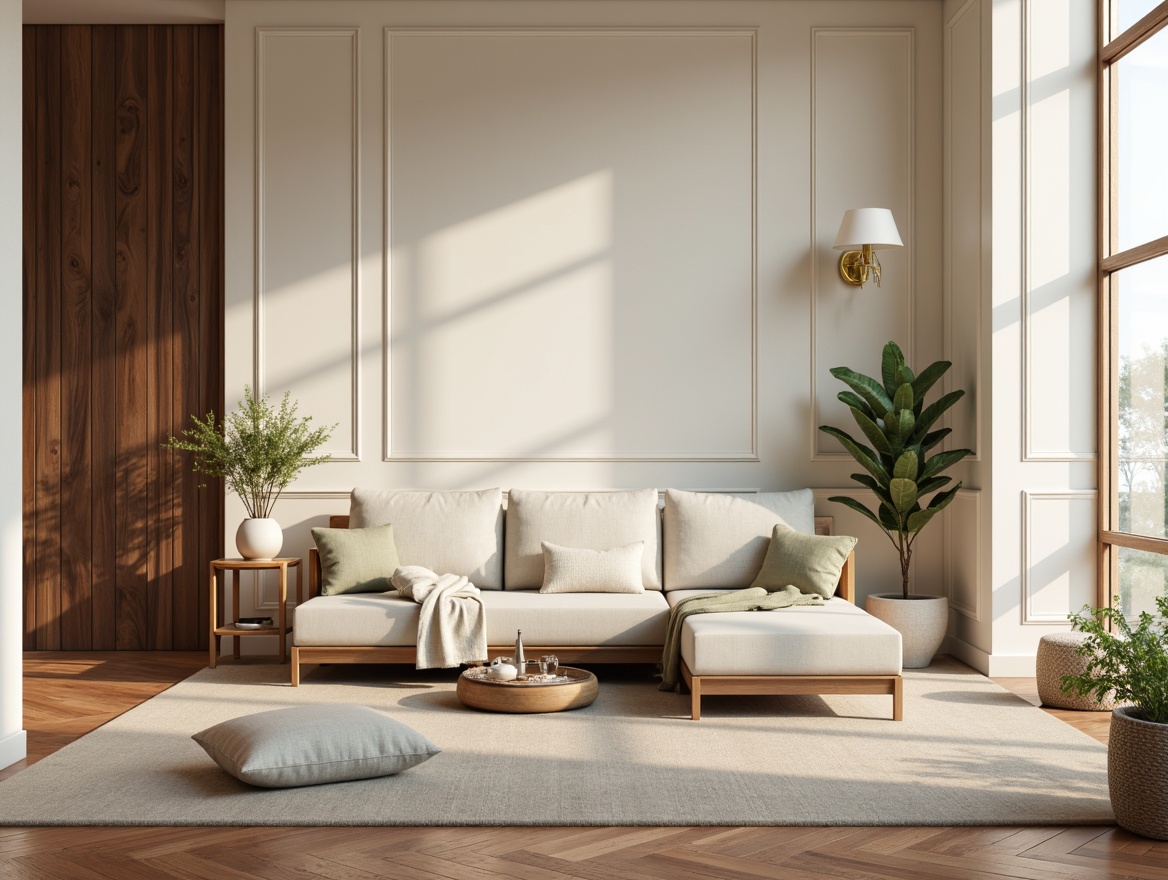 Prompt: Soft warm beige walls, creamy white accents, rich walnut wood tones, calming pale blue hues, muted sage greenery, natural earthy terracotta floors, subtle gold metallic details, elegant modern minimalist decor, abundant natural light, softbox window lighting, shallow depth of field, 1/1 composition, realistic textures, ambient occlusion.