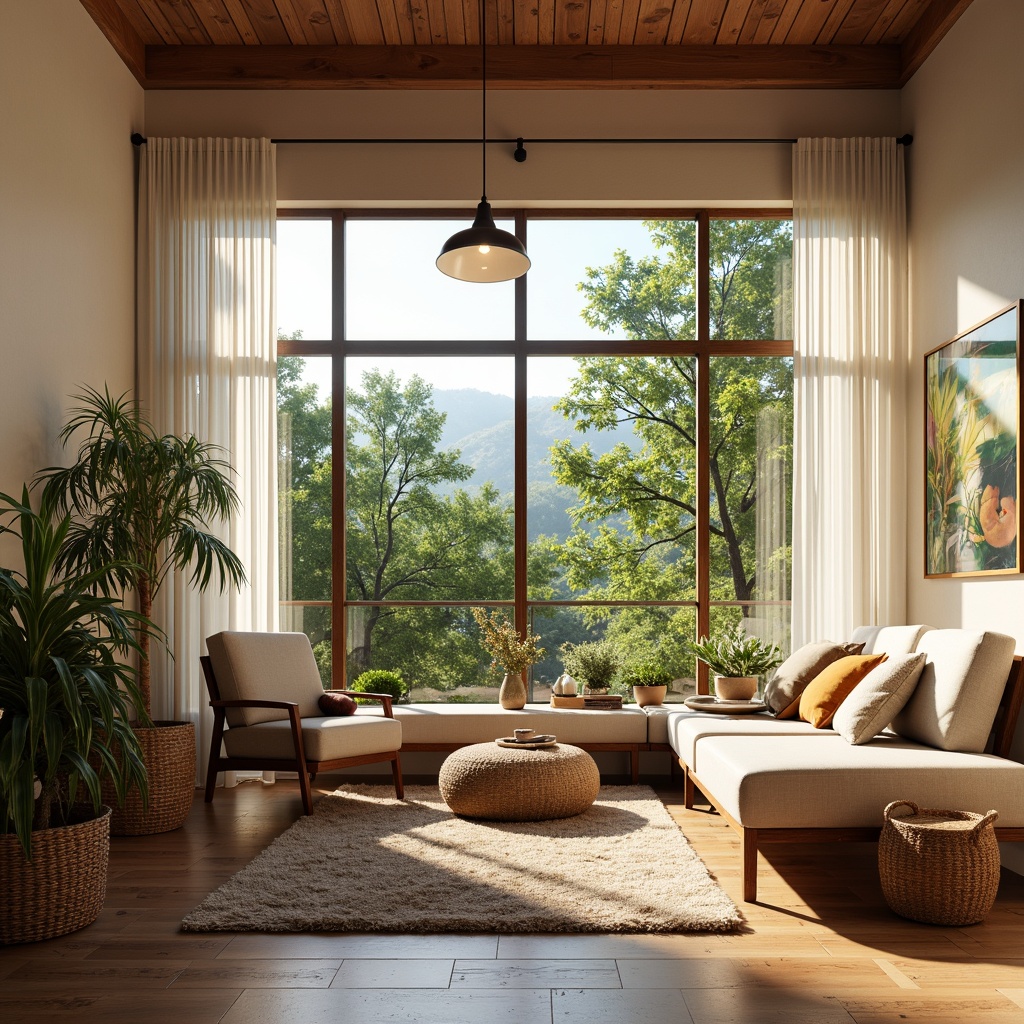 Prompt: Vibrant living room, floor-to-ceiling windows, sheer curtains, natural wood flooring, earthy tone walls, minimalist decor, greenery accents, pendant lighting, soft warm glow, morning sunlight, shallow depth of field, 1/1 composition, realistic textures, ambient occlusion, cozy reading nook, plush area rug, comfortable sofa, nature-inspired artwork, subtle color palette.