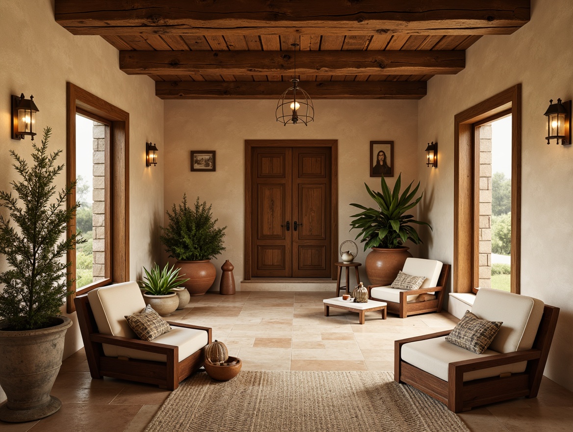 Prompt: Earthy vernacular interior, warm beige walls, rustic wooden accents, natural stone flooring, woven textiles, soft cream-colored upholstery, distressed leather armchairs, vintage metal lanterns, earthy terracotta planters, lush greenery, warm golden lighting, cozy atmosphere, shallow depth of field, 1/1 composition, realistic textures, ambient occlusion.