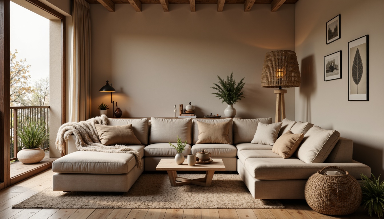 Prompt: Cozy living room, plush throw blankets, soft velvet pillows, warm beige walls, rustic wooden floors, modern minimalist furniture, comfortable sectional sofas, oversized floor lamps, natural woven fibers, earthy color palette, subtle texture variations, ambient warm lighting, shallow depth of field, 3/4 composition, inviting atmosphere.