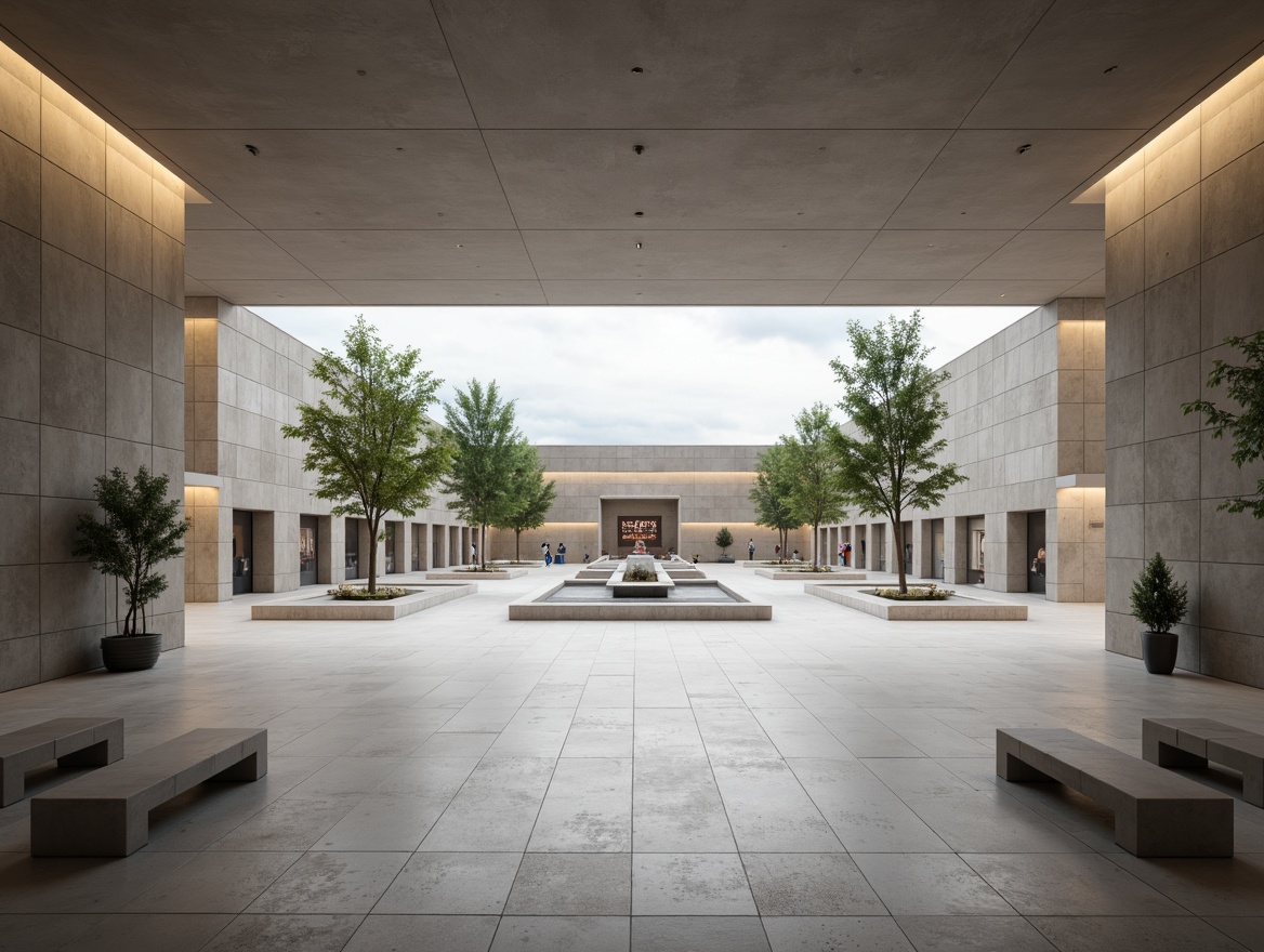 Prompt: Solemn memorial center, open space, minimalist architecture, clean lines, monochromatic color scheme, polished concrete floors, simple benches, subtle lighting, calm atmosphere, natural stone walls, serene water features, gentle fountains, peaceful courtyards, abstract sculptures, somber monuments, respectful ambiance, shallow depth of field, 1/1 composition, soft warm lighting, realistic textures.