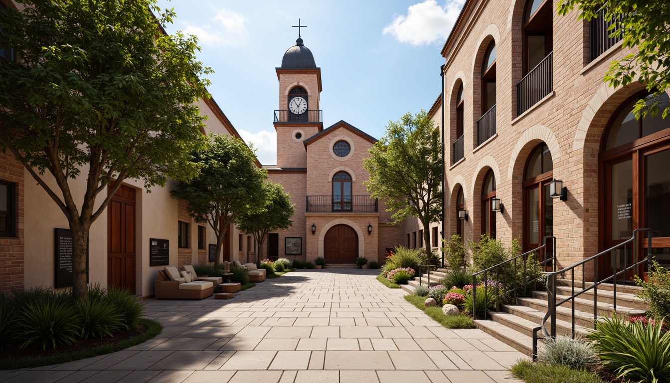 Prompt: Rustic brick buildings, classic clock towers, symmetrical facades, ornate wooden doors, traditional signage, lush greenery, mature trees, courtyard spaces, natural stone walkways, warm beige walls, rich wood accents, comfortable seating areas, educational displays, vintage-inspired lighting fixtures, soft warm illumination, shallow depth of field, 1/2 composition, realistic textures, ambient occlusion.