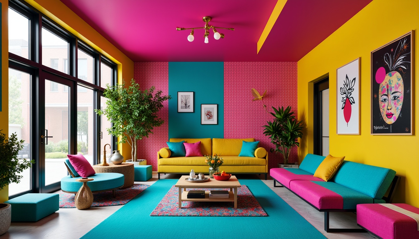 Prompt: Vibrant postmodern interior, bold color blocks, clashing patterns, eclectic furniture, neon pink accents, electric blue highlights, sunshine yellow walls, rich turquoise carpets, glossy white surfaces, matte black frames, ornate gold fixtures, playful polka dots, abstract geometric shapes, asymmetrical compositions, dramatic lighting contrasts, warm cozy textures, lively floral arrangements, whimsical decorative accessories, futuristic metallic tones, retro-inspired vintage pieces.