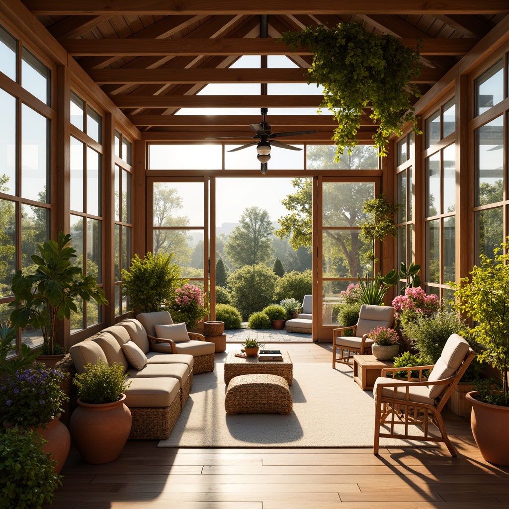 Prompt: Vibrant sunroom, warm natural light, lush greenery, blooming flowers, wooden accents, rattan furniture, soft cushions, calming colors, soothing atmosphere, earthy tones, terracotta pots, woven baskets, natural textiles, organic shapes, cozy reading nook, floor-to-ceiling windows, sliding glass doors, panoramic views, bright sunny day, warm golden lighting, shallow depth of field, 1/1 composition, realistic textures, ambient occlusion.