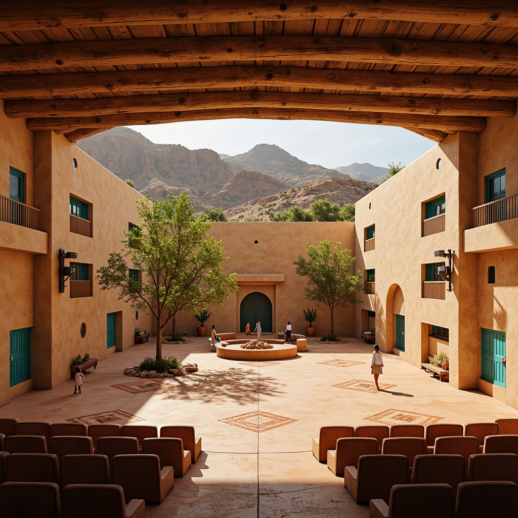 Prompt: Earthy auditorium, southwestern desert landscape, sandy beige walls, turquoise accents, rustic wooden beams, vibrant Native American patterns, warm terracotta floors, soft golden lighting, shallow depth of field, 3/4 composition, panoramic view, realistic textures, ambient occlusion, tiered seating, curved stage design, natural stone columns, woven textiles, geometric motifs, adobe-inspired architecture.